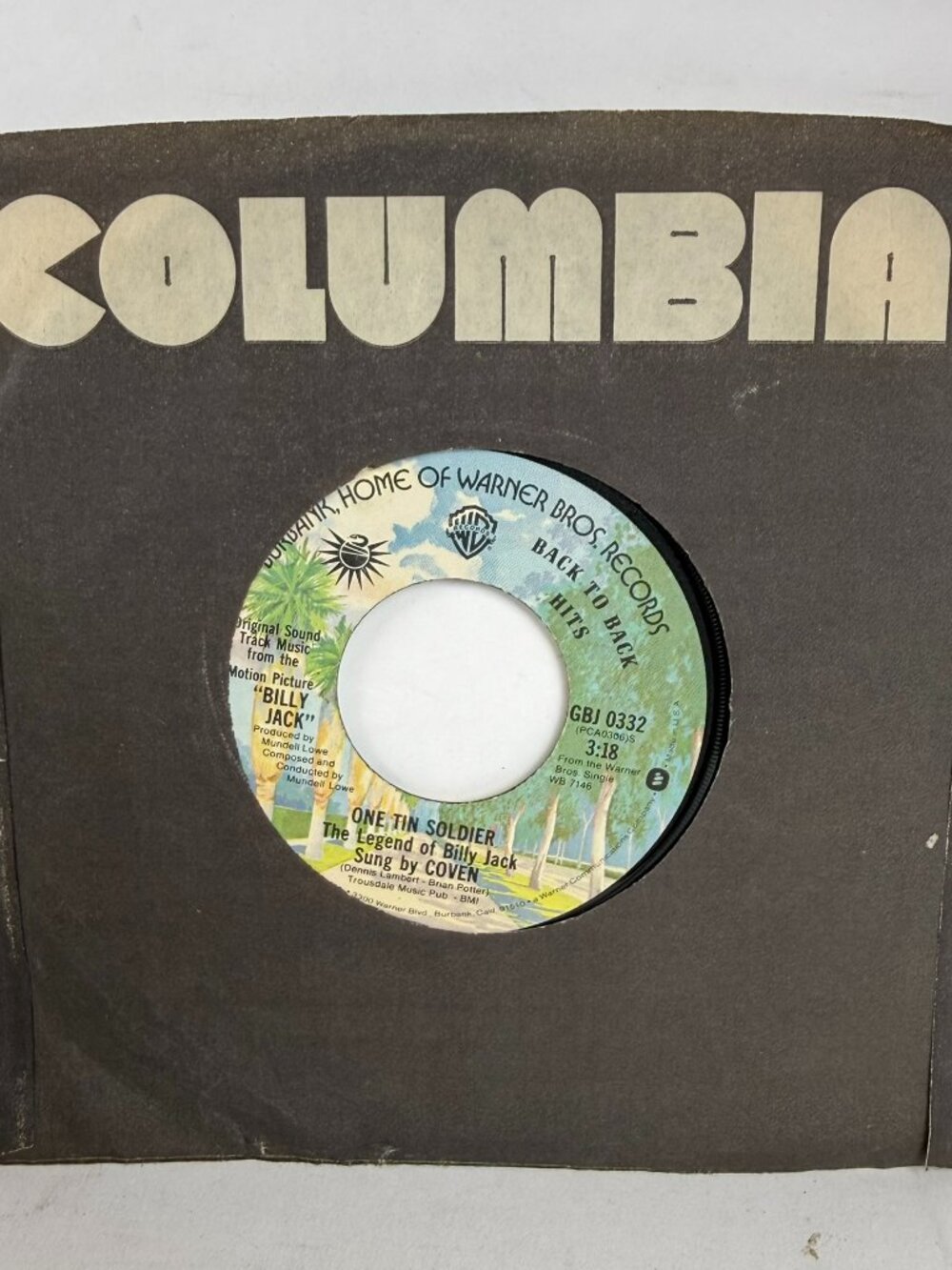 Billy Jack Soundtrack 45 RPM 7" Vinyl Single Coven One Tin Soldier Warner Bros
